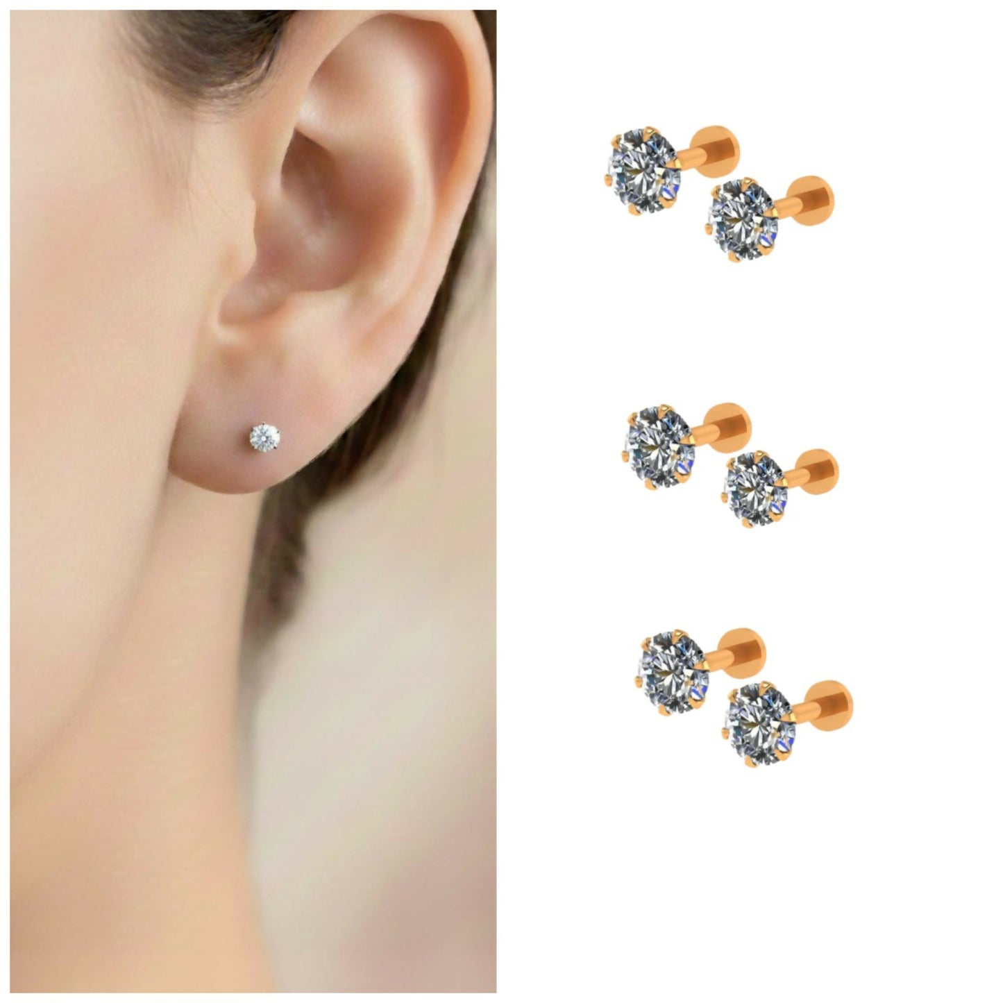 Gold plated AD Stud Earrings Flat Back Labret Piercing for women and girls Combo Pack of 6