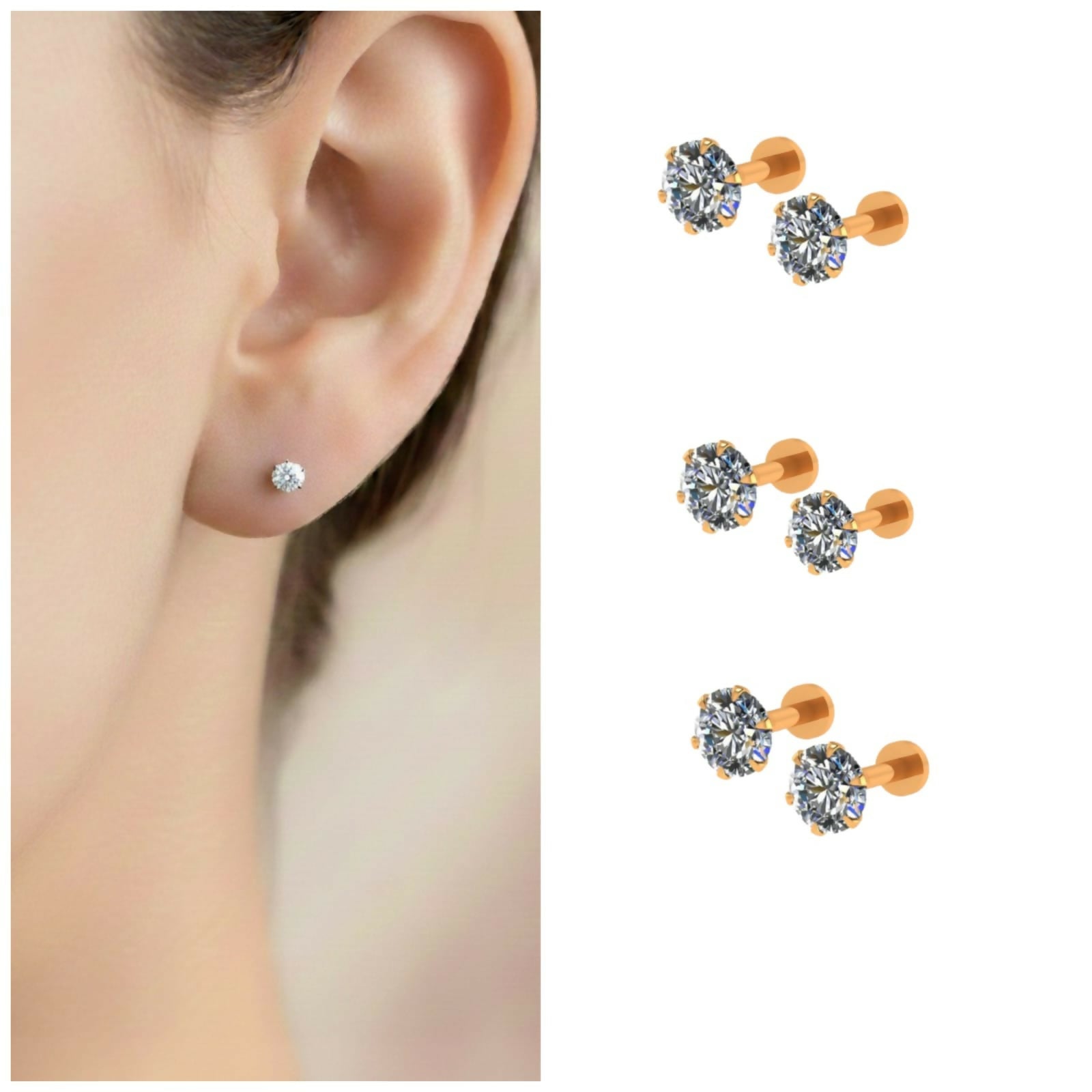 Gold plated AD Stud Earrings Flat Back Labret Piercing for women and girls Combo Pack of 6