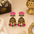 Lotus Design Traditional Jhumka Earrings for Women Pink & Green Beads Ethnic Antique Gold Finish