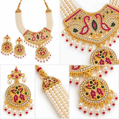 A detailed close-up of the gold and pearl necklace and earrings, showcasing the craftsmanship and colorful stones.