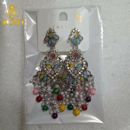 Multicolor Oxidized Statement Earrings with Beads & Pearl Tassels