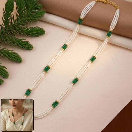 Elegant multi-strand pearl mala necklace with green beads for traditional outfits