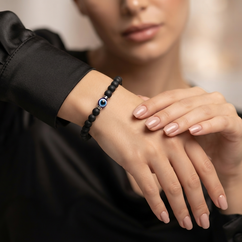 Matte Black Evil Eye Beaded Bracelet for Women