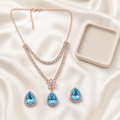 Rose Gold Blue Crystal Pendant Necklace Set with Matching Earrings for Women Girls