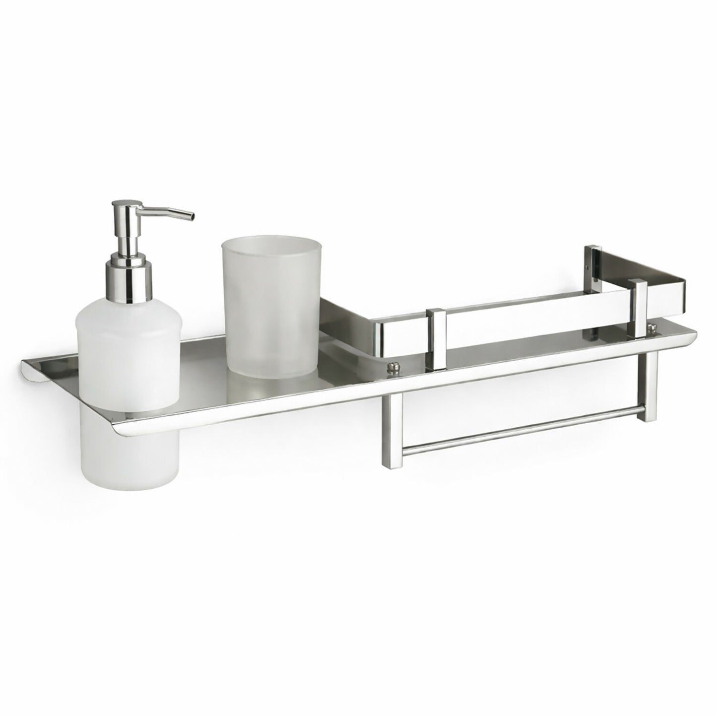 Stainless Steel Wall Mounted Bathroom Shelf with Soap Dispenser, Toothbrush Holder & Towel Rack