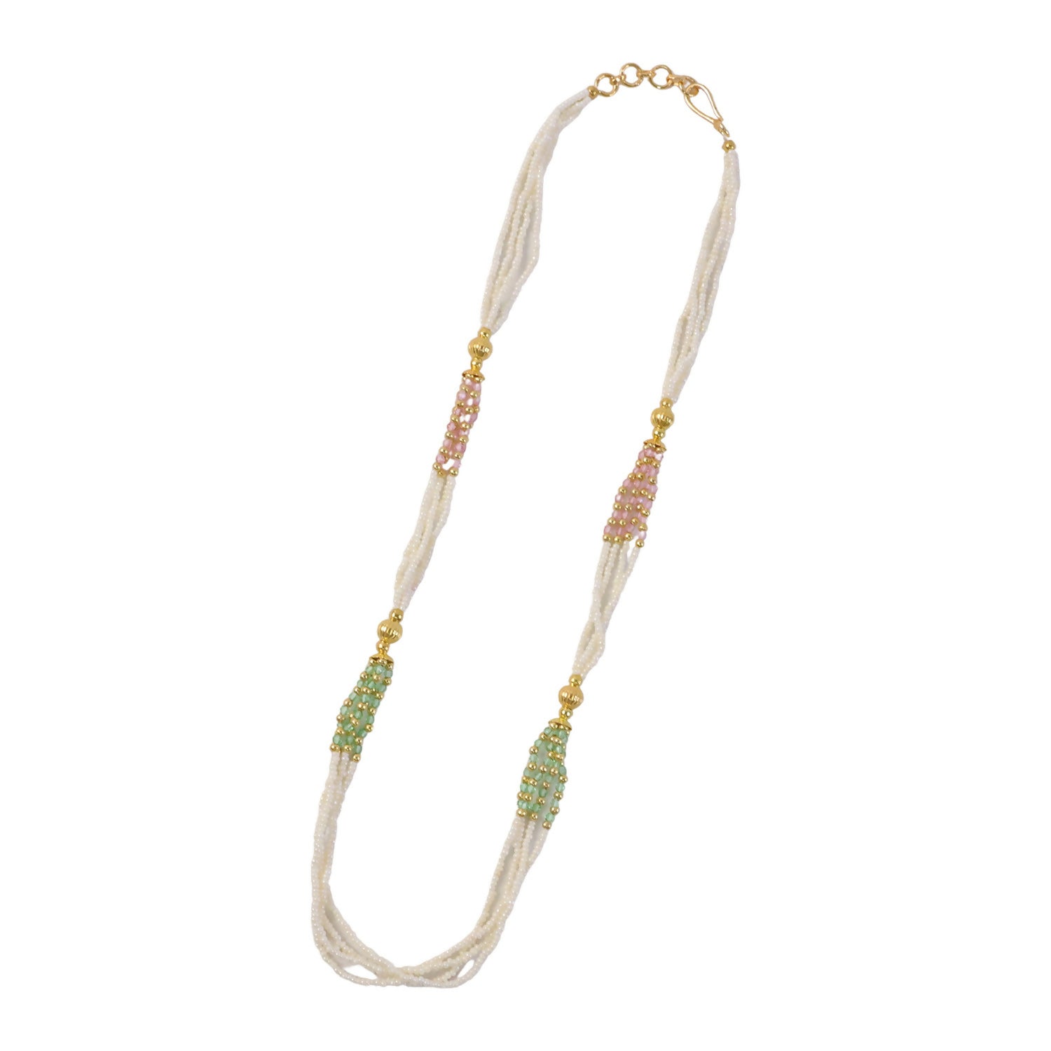 Pearl strands with color accents in traditional mala necklace design
