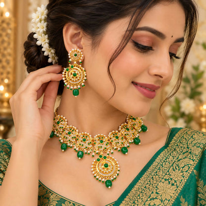 A woman poses, showcasing the gold-plated necklace and earring set with green beads and white stones, with flowers in her