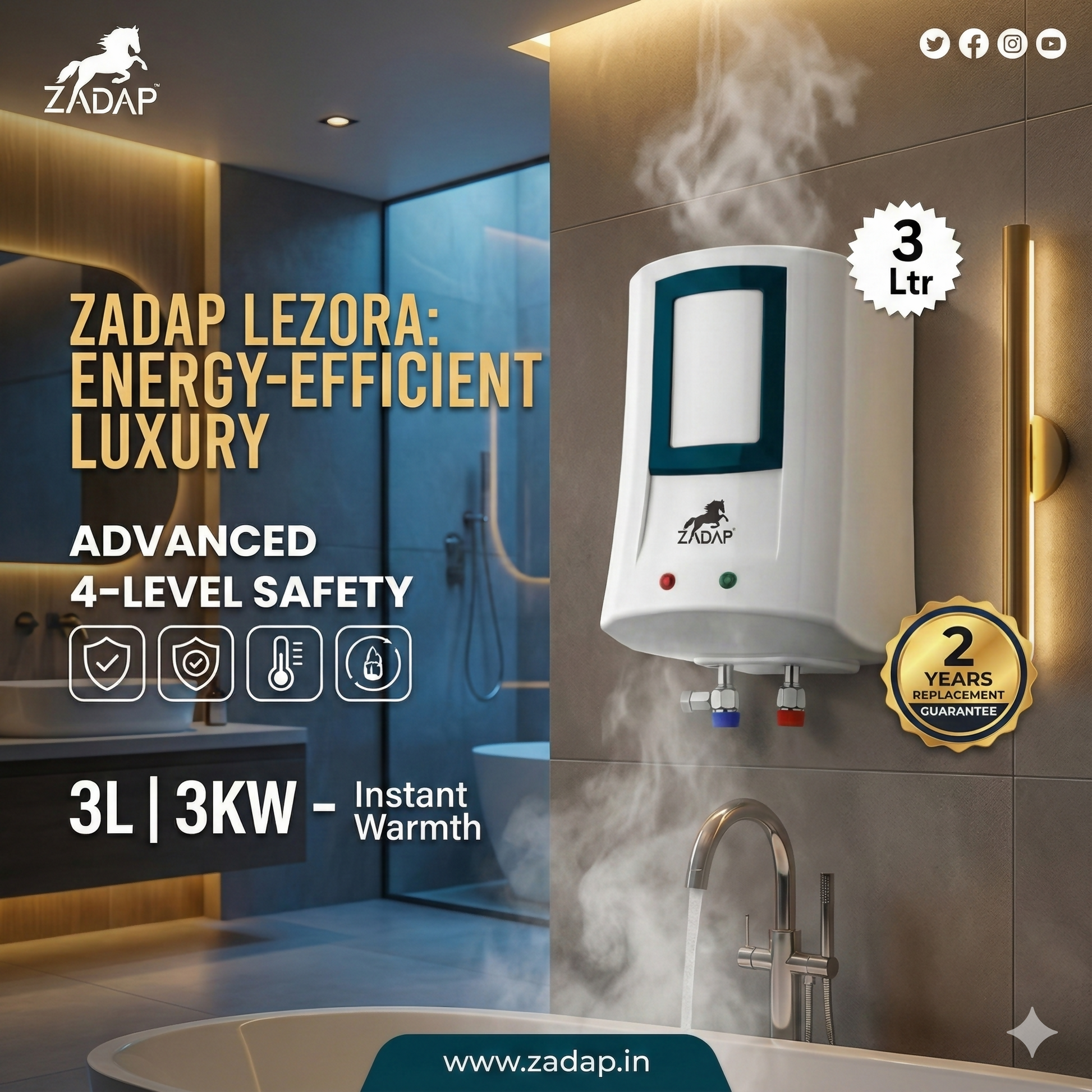 ZADAP 3kW Instant Geyser 4 Way Safety (3L)