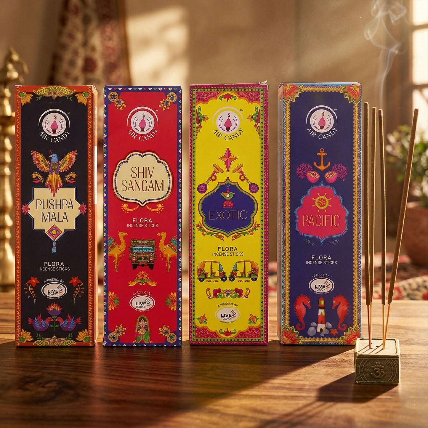 Premium Flora Incense Sticks Combo Pack with 4 Fragrance Variants for Daily Puja & Home Fragrance (4 Packs of 360gm)