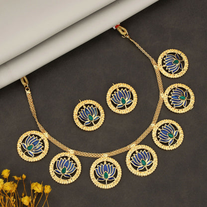 Bold Gold-Tone Blue-Green Mina Work Crystal & Pearl Choker Set