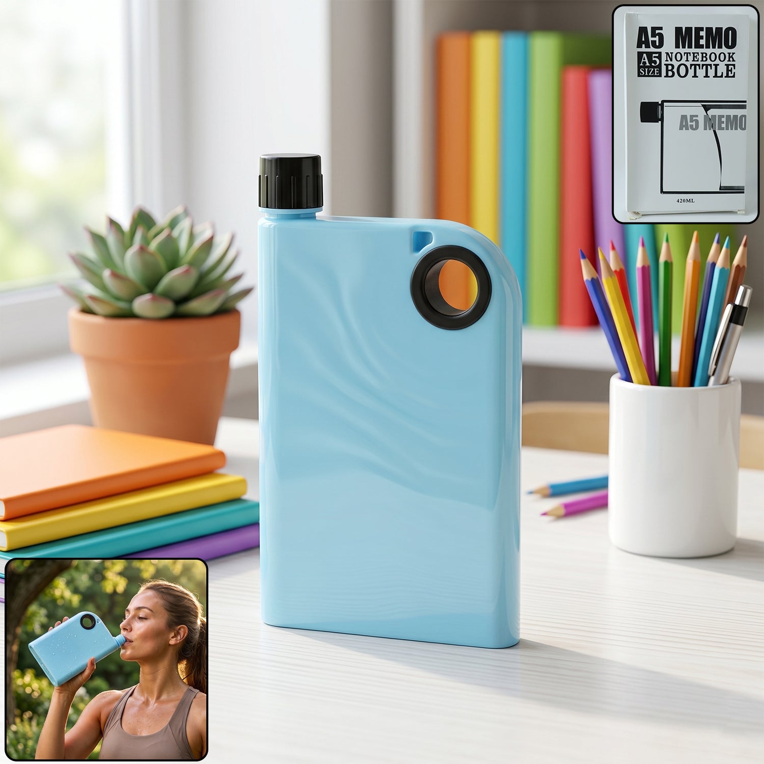 Side view of blue A5 memo shape water bottle with screw cap and finger loop