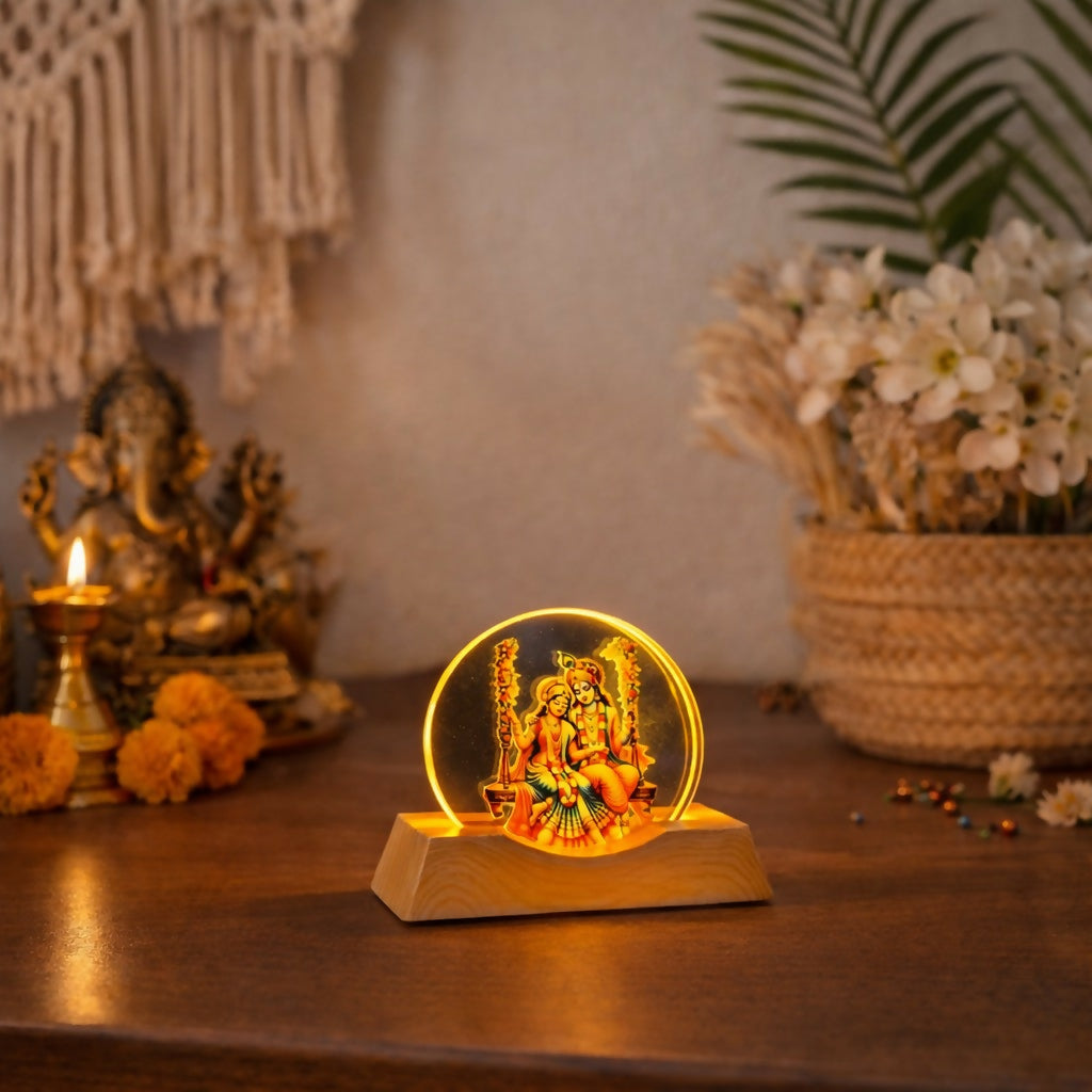 Close-up of detailed Radha Krishna acrylic artwork lamp
