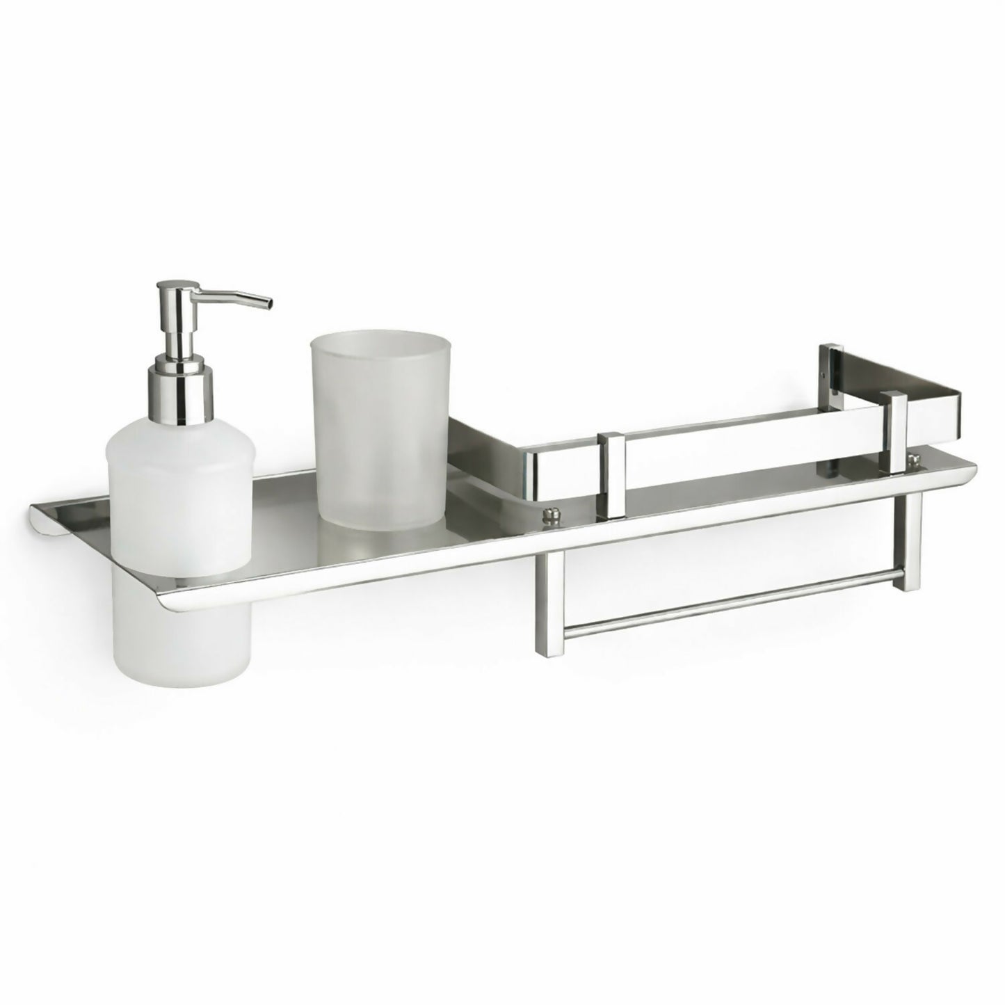 Stainless Steel Wall Mounted Bathroom Shelf with Soap Dispenser, Toothbrush Holder & Towel Rack 1Pc