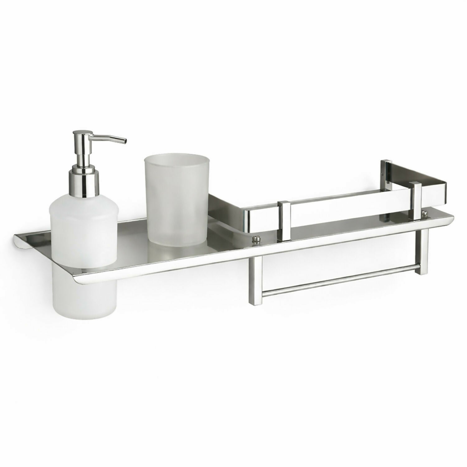 Stainless Steel Wall Mounted Bathroom Shelf with Soap Dispenser, Toothbrush Holder & Towel Rack 1Pc
