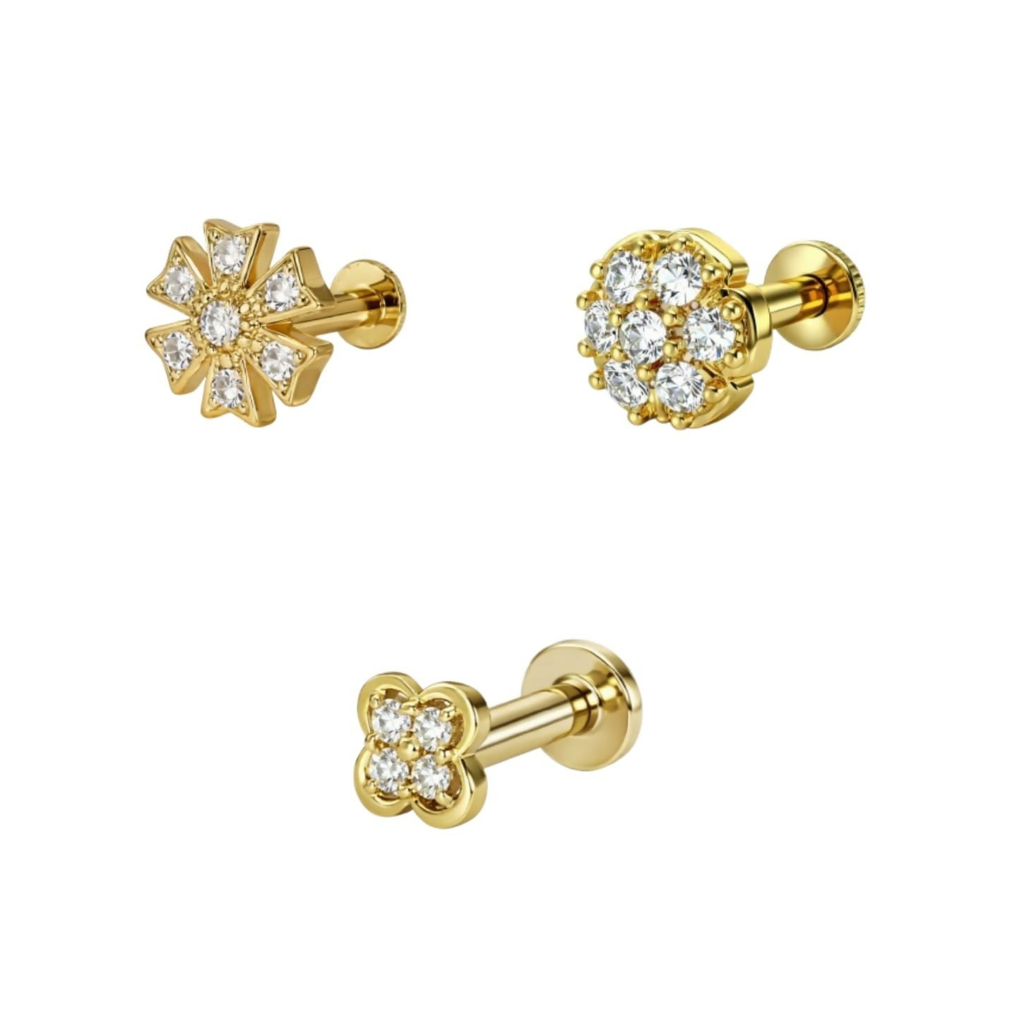 Close-up of gold plated flat-back nose pin stud with geometric floral pattern