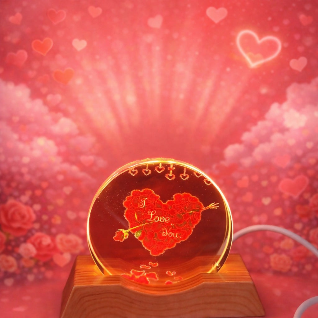 I Love You Heart Acrylic LED Lamp with Wooden Base Romantic Gift Light