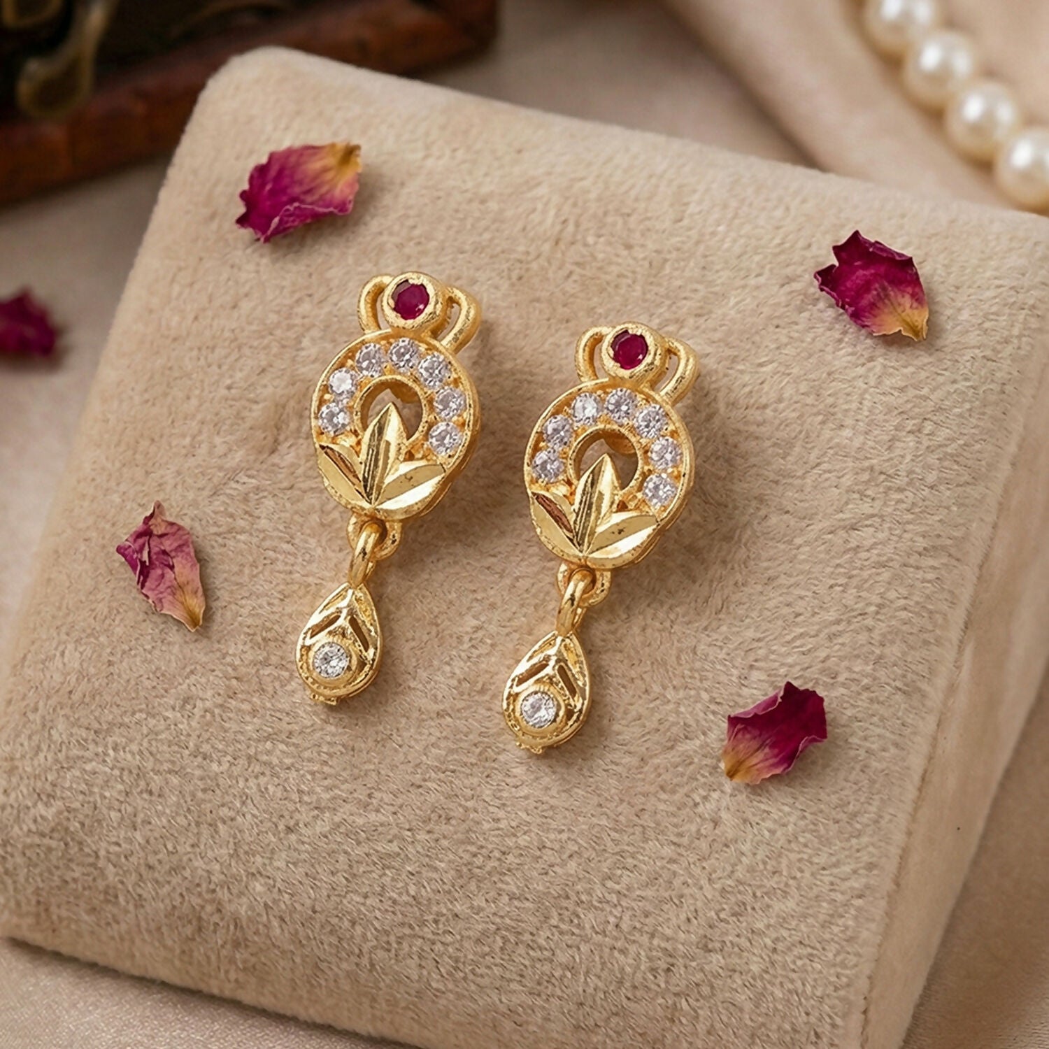 Gold Finish Floral Drop Earrings with Stone Detailing (1 Pair)