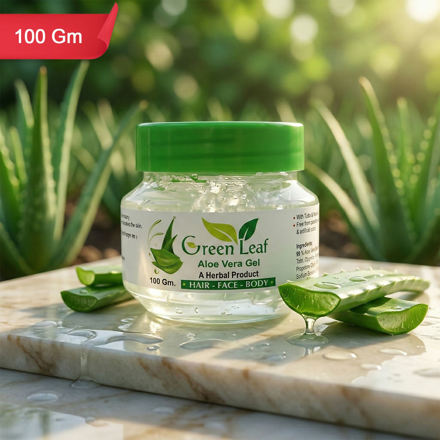 Green Leaf Aloe Vera Gel jar with natural aloe vera leaves
