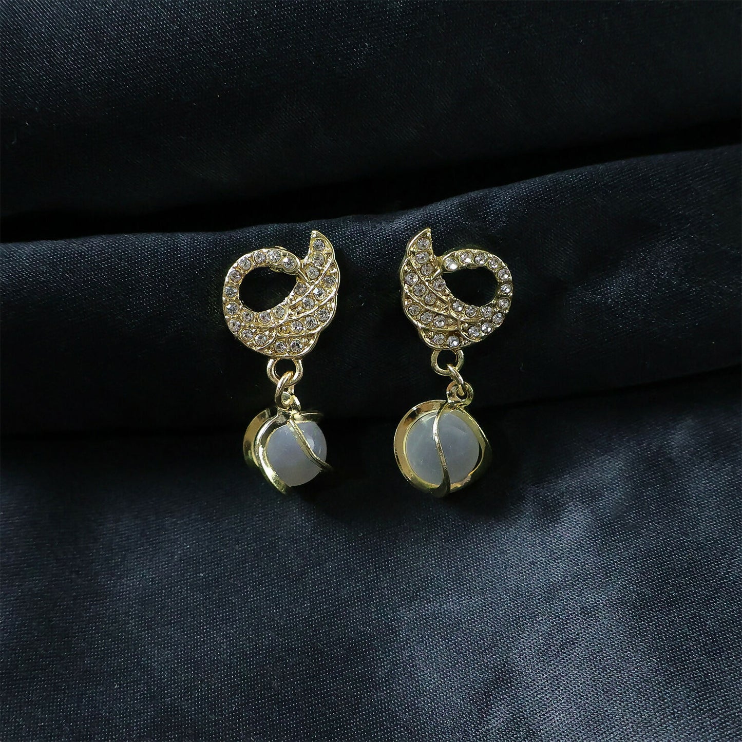 Crystal Encrusted Swan Earrings with Cat-Eye Stone Drop