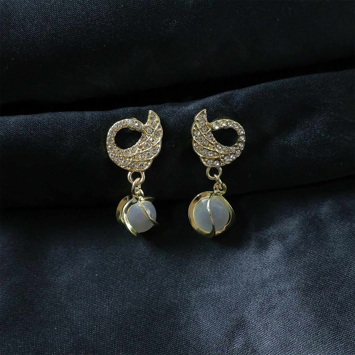 Crystal Encrusted Swan Earrings with Cat-Eye Stone Drop