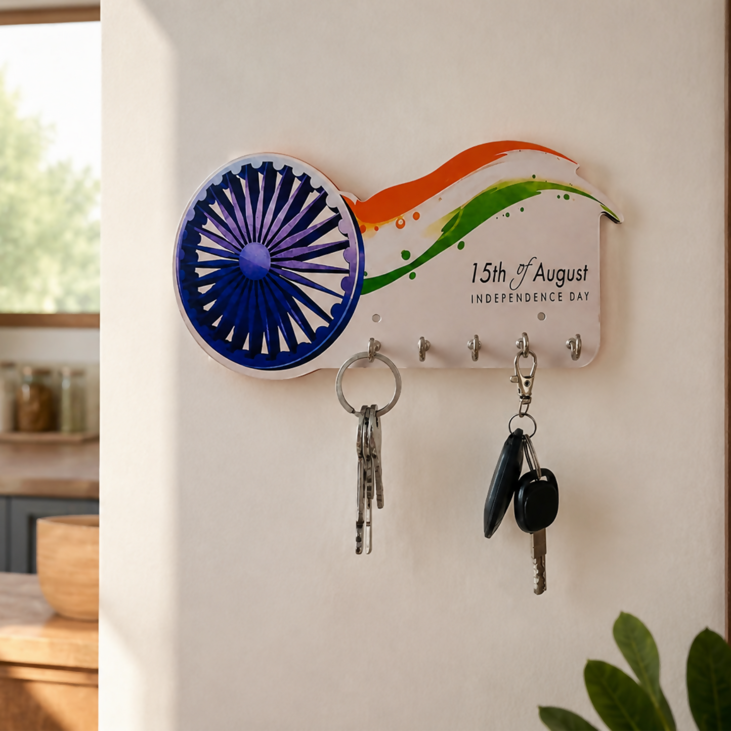 Ashoka Chakra wooden key holder with 5 hooks on a white wall