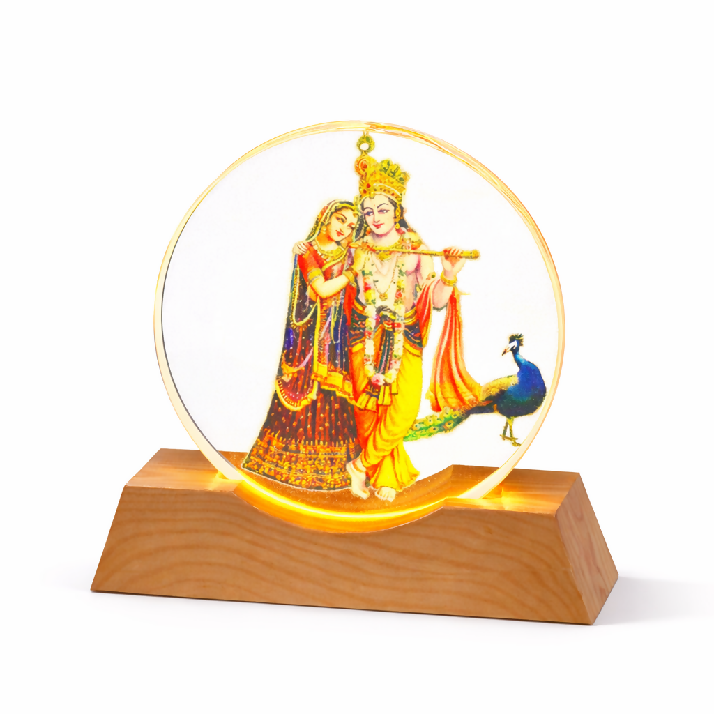Radha Krishna Acrylic LED Lamp with Wooden Base | Night Light for Home Temple