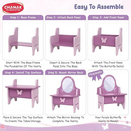 Six panels illustrating the step-by-step assembly process of the purple and pink wooden vanity set.