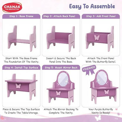 Six panels illustrating the step-by-step assembly process of the purple and pink wooden vanity set.