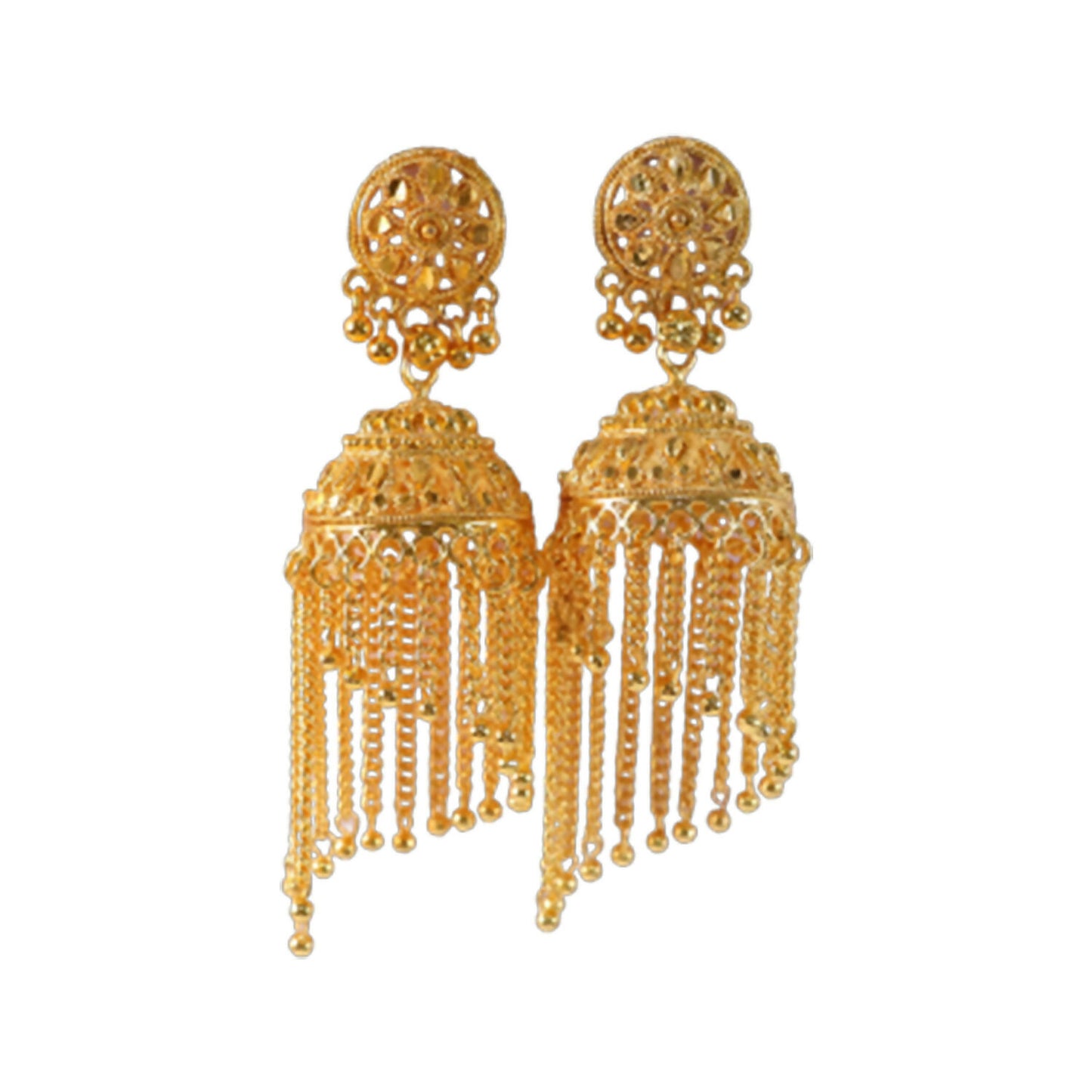 Golden long tassel jhumka earrings hanging