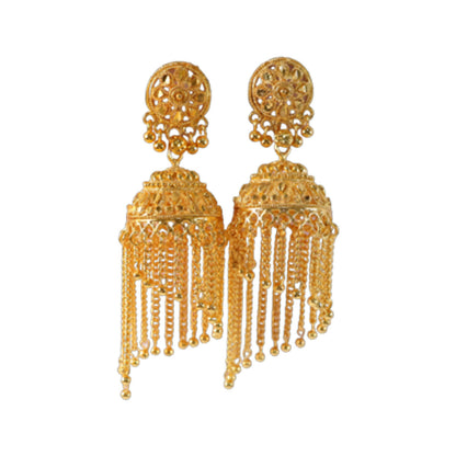 Golden long tassel jhumka earrings hanging