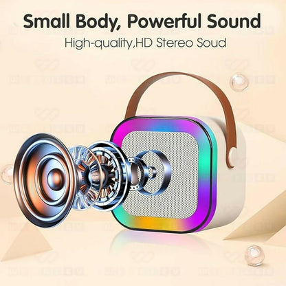 Side view of karaoke speaker highlighting handle and mic holder