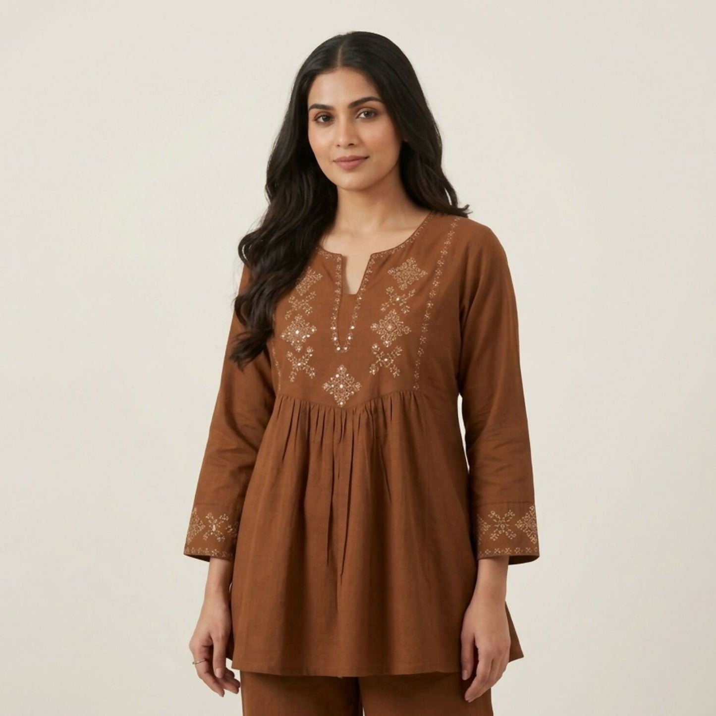 Full view of brown embroidered co-ord ethnic wear for women