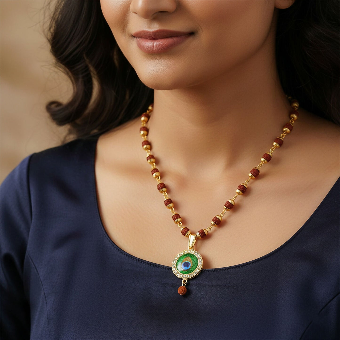 Morpich Feather Gold Plated Pendant & Rudraksha Mala