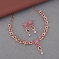 Rose Gold Plated Magenta Stone Necklace Set with Pearl Drop