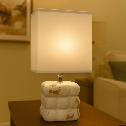Luxury White Marble-Texture Ceramic Table Lamp with Square Fabric Shade | Artistic Bubble-Design Base Night Lamp for Bedroom, Living Room & Study | Warm Ambient Decorative Home Lighting