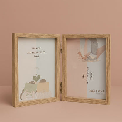 Premium Wooden Double Photo Frame for Tabletop | Dual Hinged Picture Frame for Home & Office Décor | Rustic Natural Wood Finish Vertical Display Frame for Couple, Family & Gift Use | Stylish Desk Photo Stand