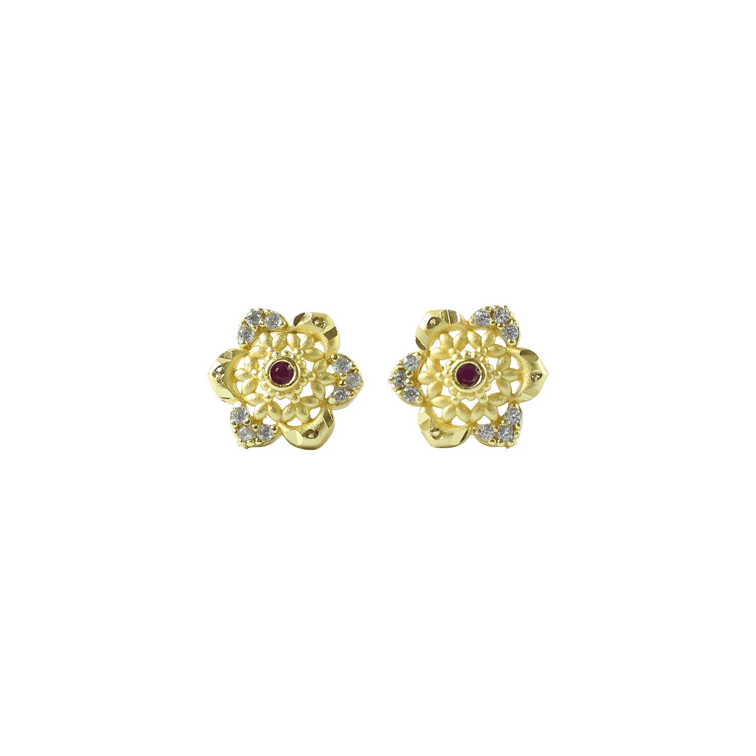 Gold stud earrings with floral motif and center stone