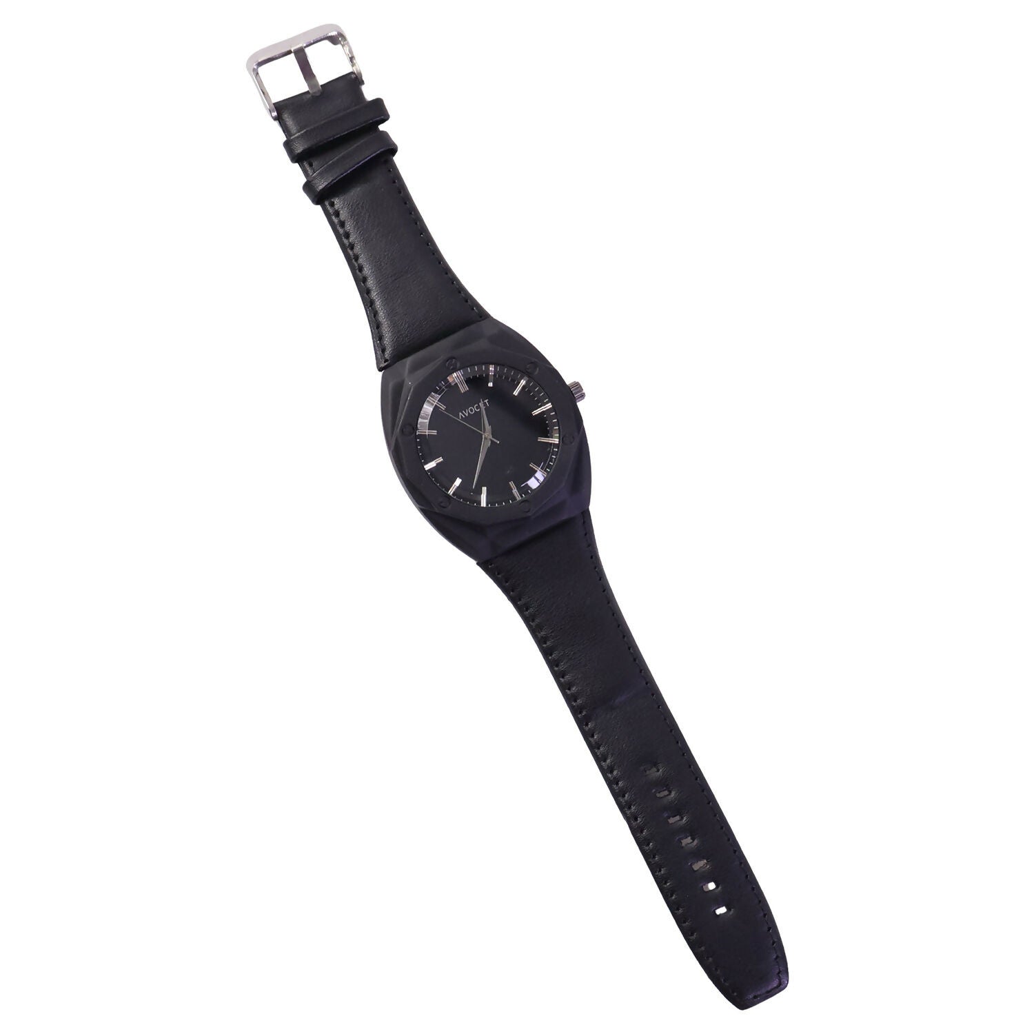 Premium Matte Black Octagonal Analog Wrist Watch with Leather Strap for Men