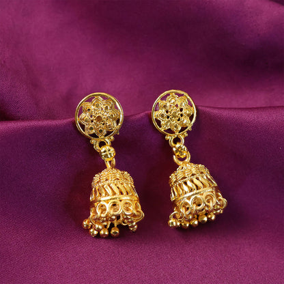 Side view of gold plated floral jhumka earrings