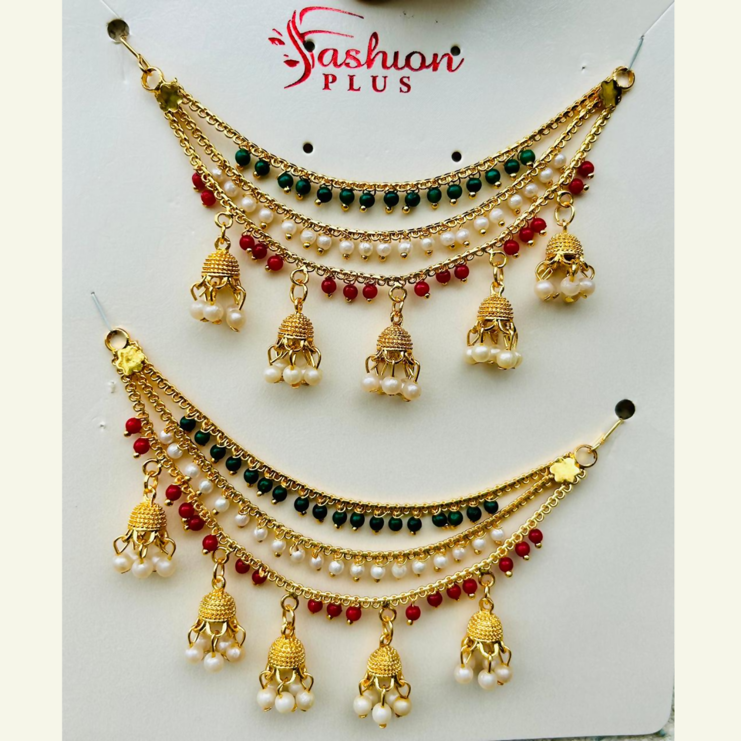 Traditional Gold Finish Tricolor Pearl Jhumki Designer Kanchain for Women
