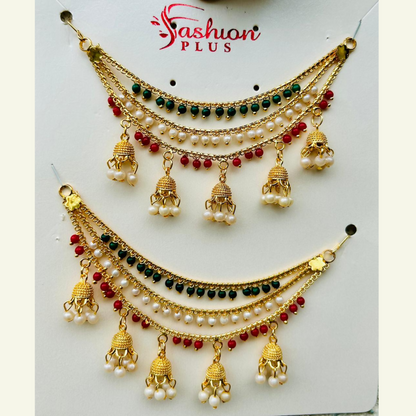 Traditional Gold Finish Tricolor Pearl Jhumki Designer Kanchain for Women