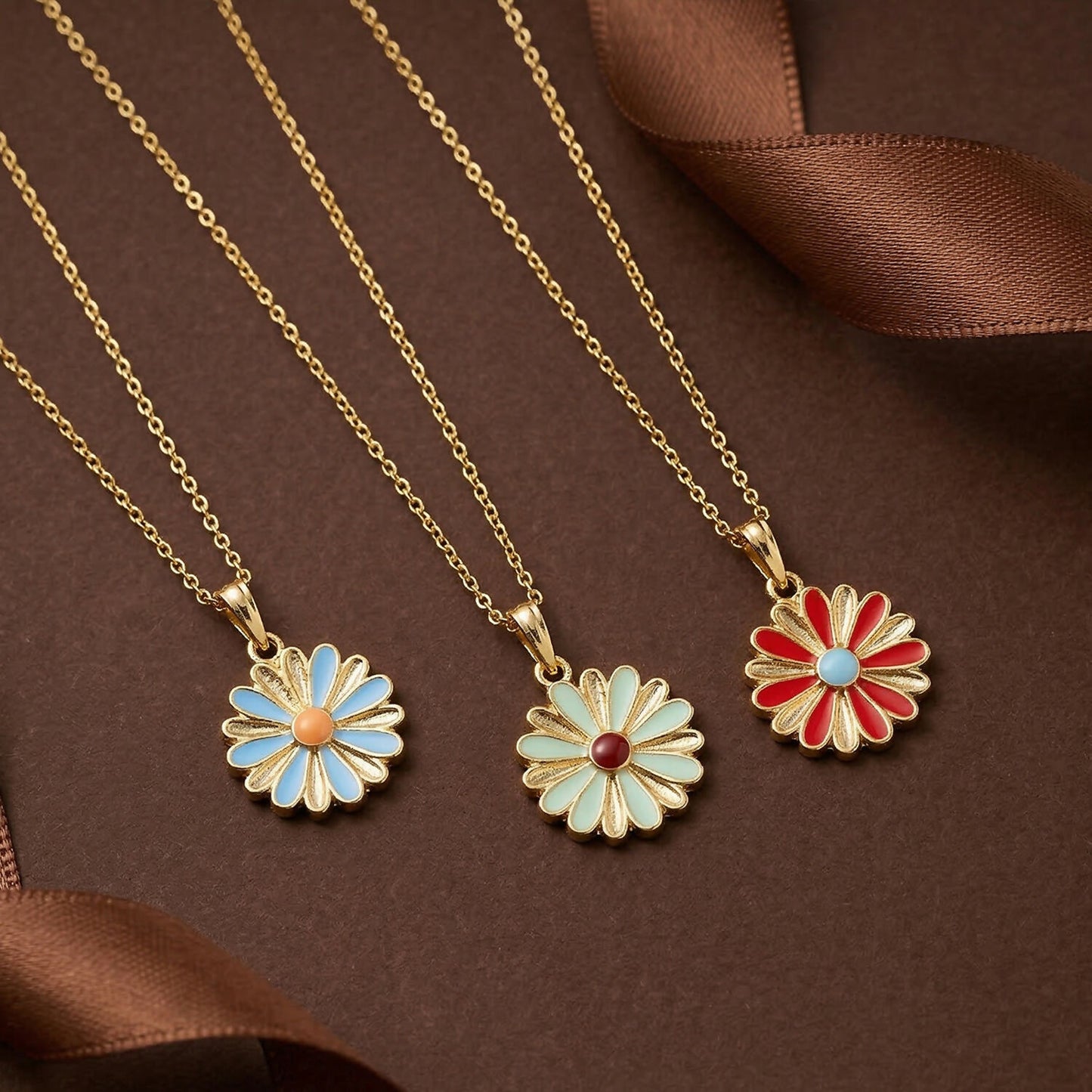 Daisy Flower Gold Pendant Necklaces with Colorful Enamel