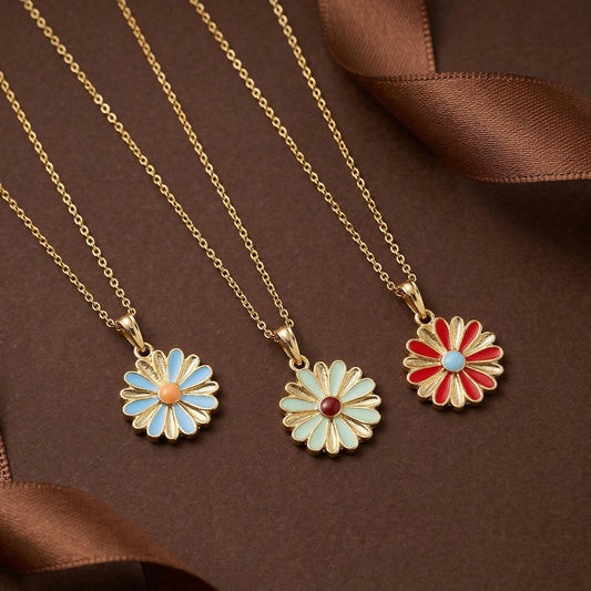 Daisy Flower Gold Pendant Necklaces with Colorful Enamel