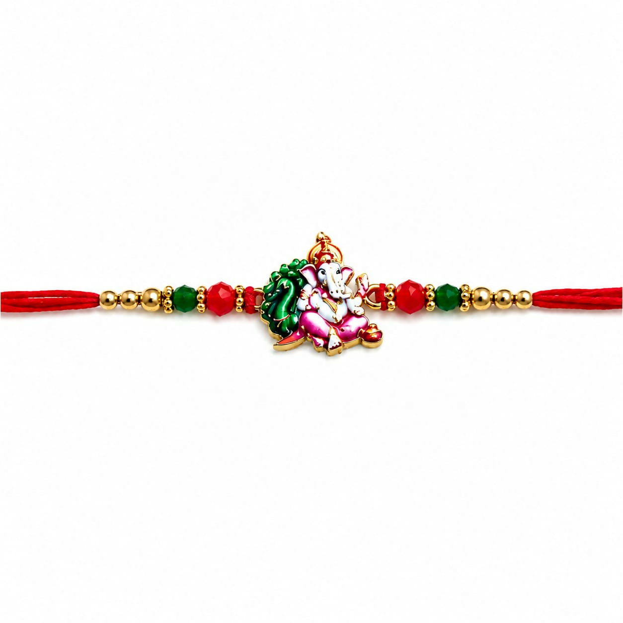 A red thread with an enamel Ganesha charm, green and red crystal beads, and golden beads, centered on a plain white