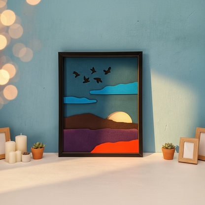 Handcrafted Wooden Mountain Wall Art – Nature Scene with Sun, Clouds & Birds | Minimal Landscape Wooden Frame | Eco-Friendly Wall Decor for Home & Office