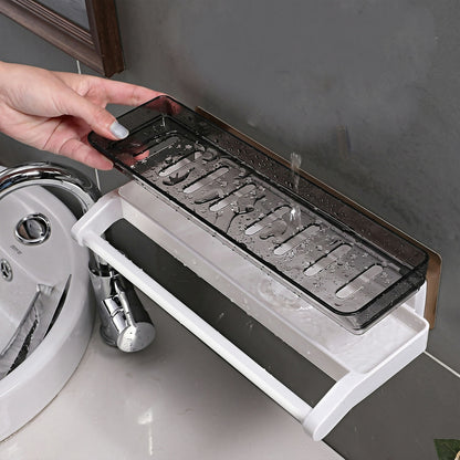 Bathroom shelf storage rack with towel holder displaying skincare items