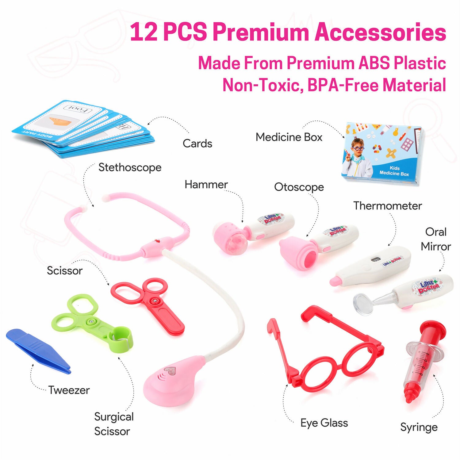 Premium Doctor Set with Pull & Push Trolley for Kids,Doctor Set with LED Light Instruments, 13 Piece Doctor Kit, BIS Approved (Pink)