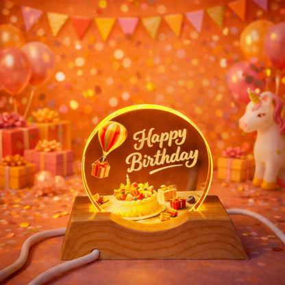 Happy Birthday Acrylic LED Lamp with Wooden Base Cake Theme Gift Light