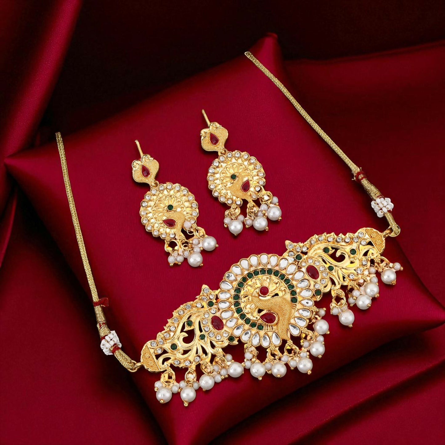 Traditional Gold-Plated Kundan & Pearl Choker Necklace with Matching Earrings