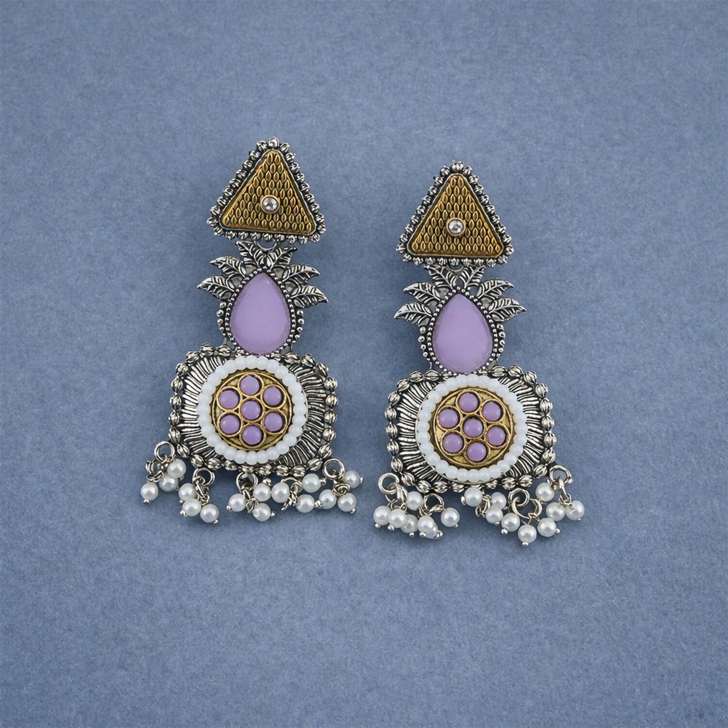 Elegant Blush Pink & Pearl Embellished Statement Drop Earrings with Antique Silver Finish and Intricate Floral Filigree Design